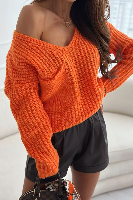 Women's Solid Color Pocket Pullover Sweater Orange