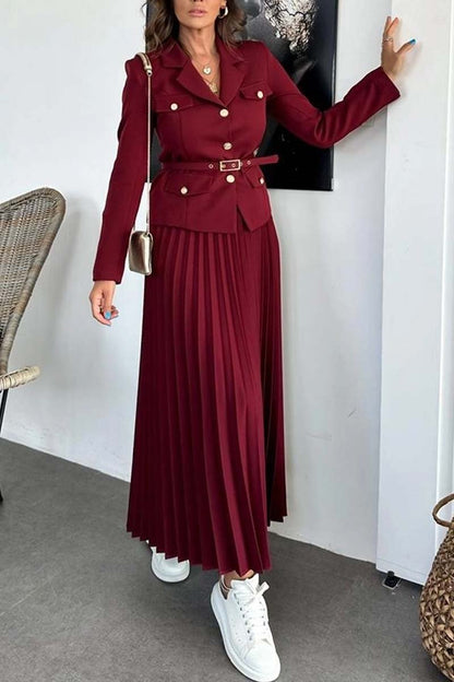 Women's Fashion Commuting Solid Color Skirt Set Wine Red