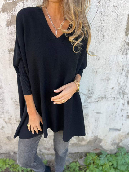 Women's V-neck Long-sleeved Knitted Casual Top black