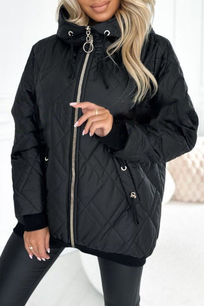 Women's Hooded Zipper Side Button Design Casual Coat black