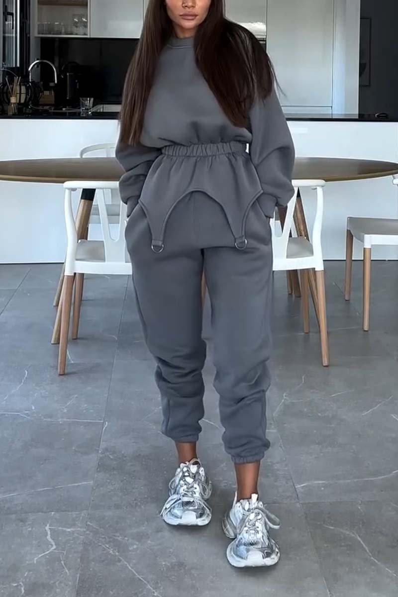 Women's casual irregular hem sports round neck sweatshirt suit Gray