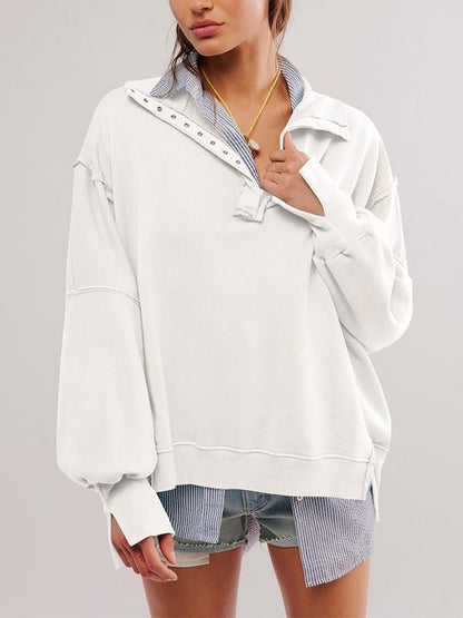 Women's Lapel Half Buttoned Long Sleeve Top white