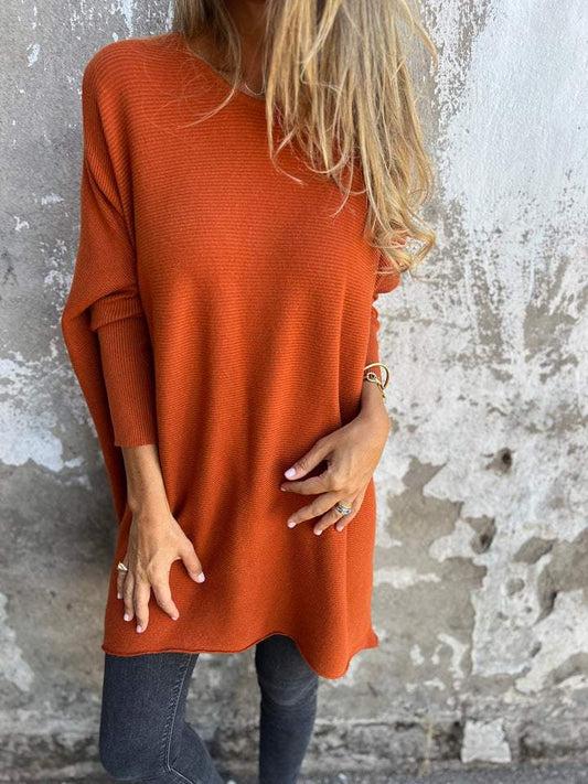 Round Neck Long Sleeve Knitted Top Orange