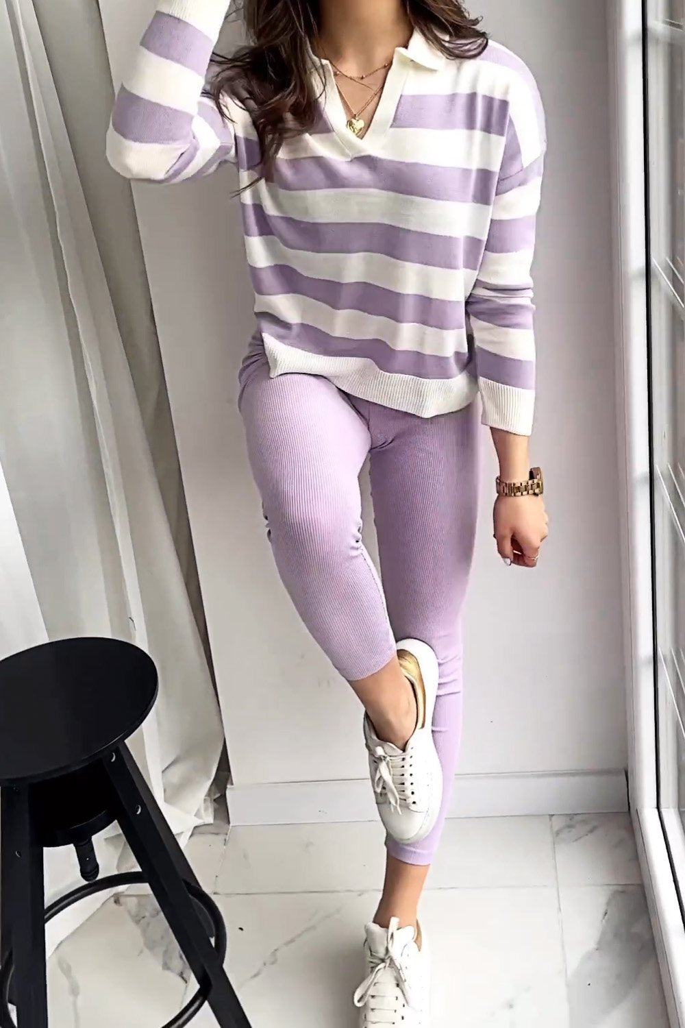 Women's V-neck Striped Top and Pants Two-piece Set