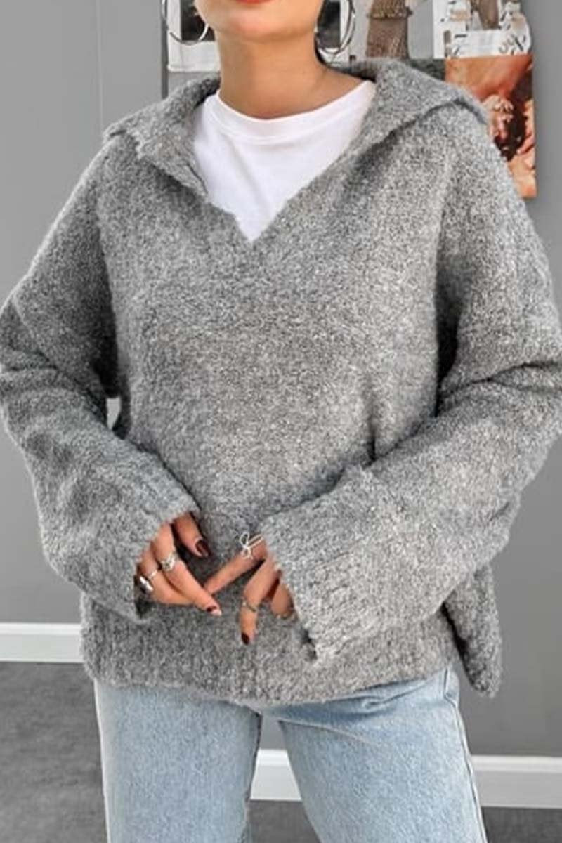 Women's Solid color lapel long sleeve sweater grey