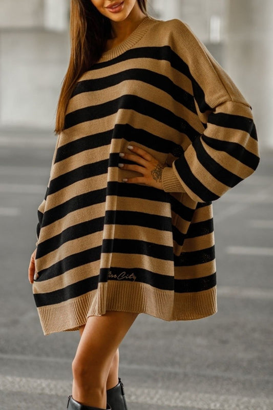 Casual Striped Long Sleeve Pullover Sweater khaki