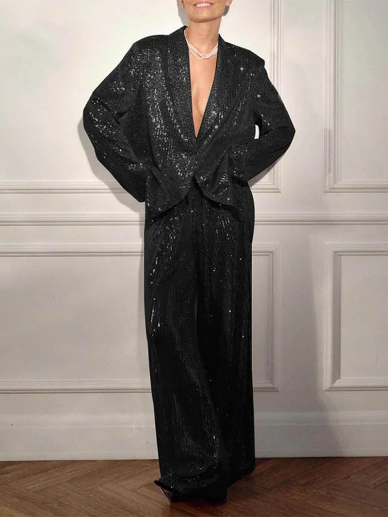 Women's Lapel Sequined Suit + Trousers Casual Set black