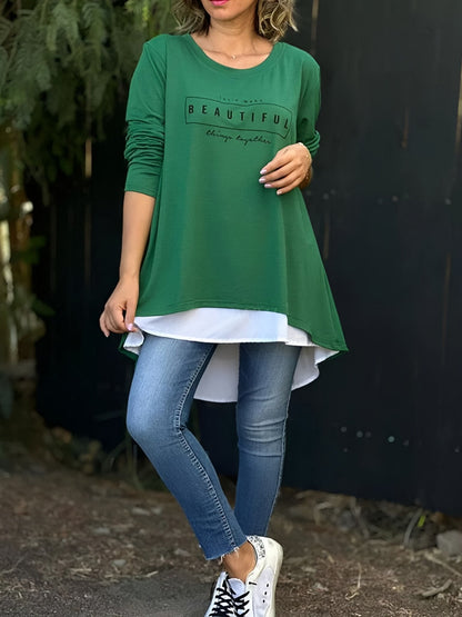 Letter Print Fake Two Piece Long Sleeve T-shirt Green