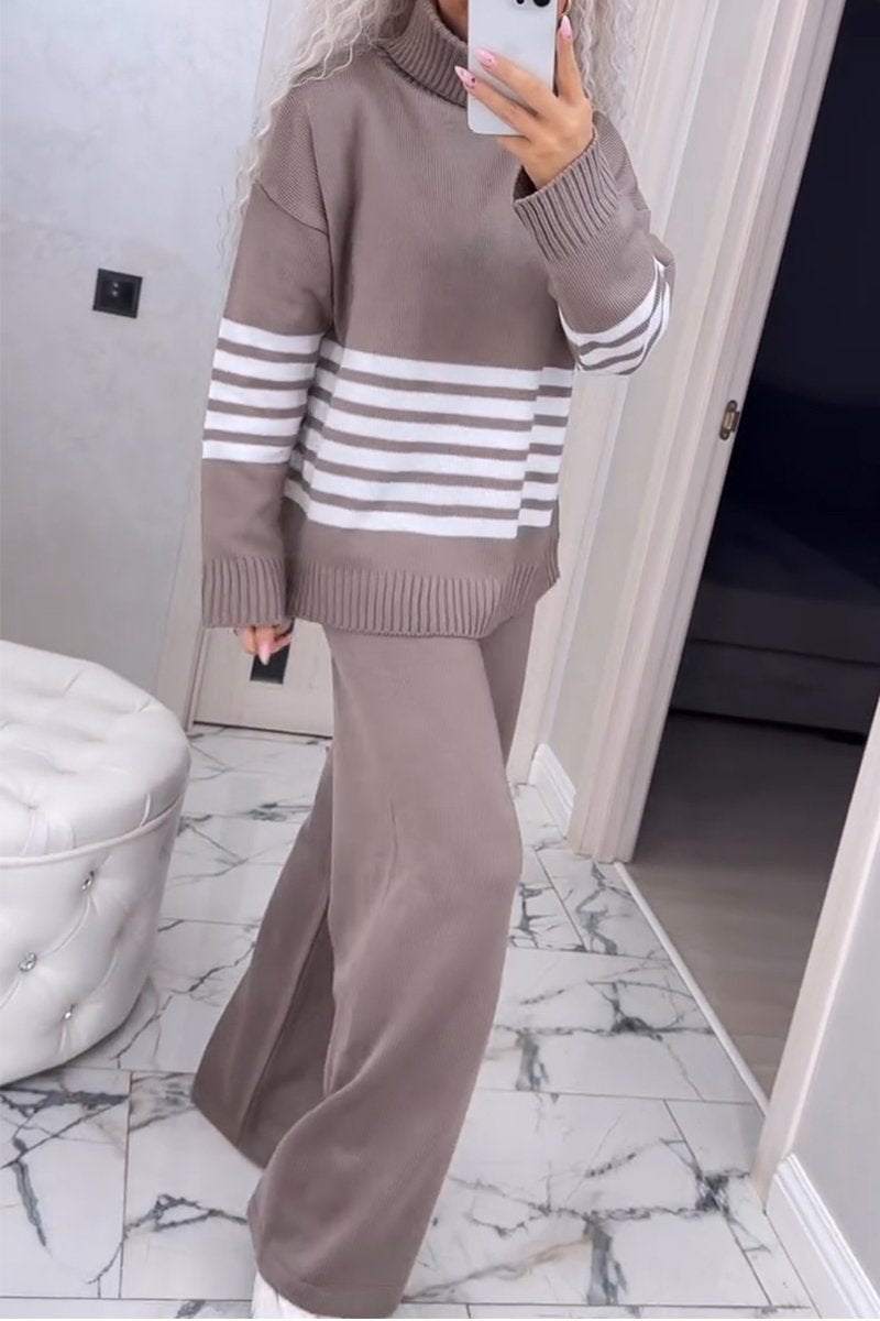 Women's Casual Knit Stripe Long Sleeve Two-Piece Set khaki