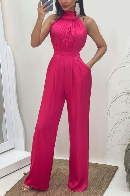 Women's Fashion Halter Solid Color Sleeveless Jumpsuit Rose Red