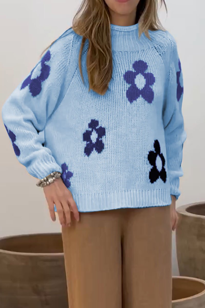 Floral Round Neck Long Sleeve Pullover Sweater blue