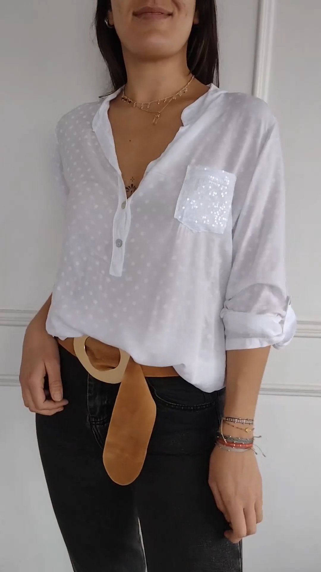 Women's V-neck Polka Dot Sequined Casual Shirt white