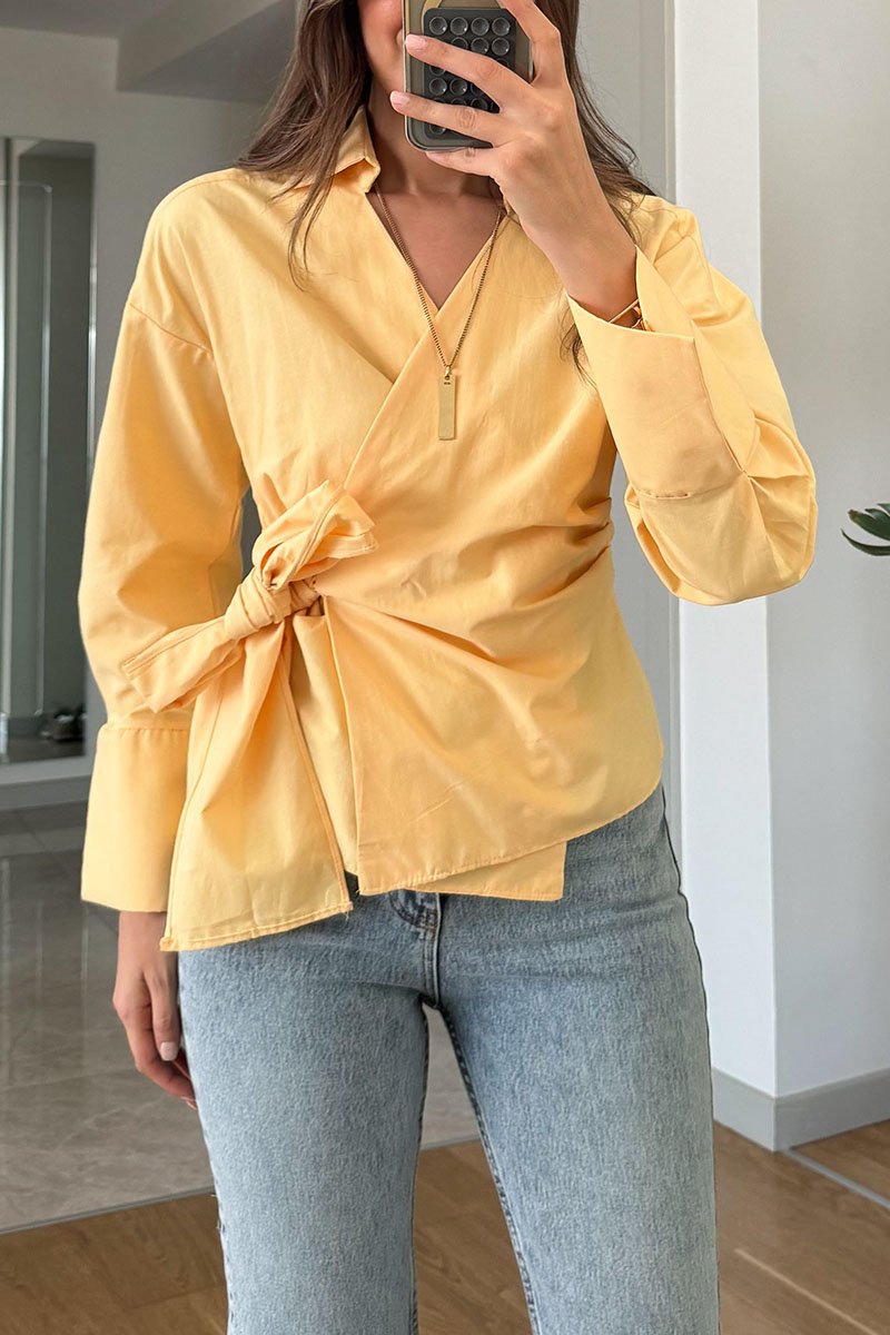 Women's Casual Solid Color Lace-Up Shirt yellow