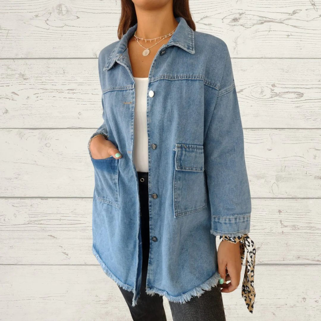 Lapel Single-breasted Denim Jacket with Fringe Design