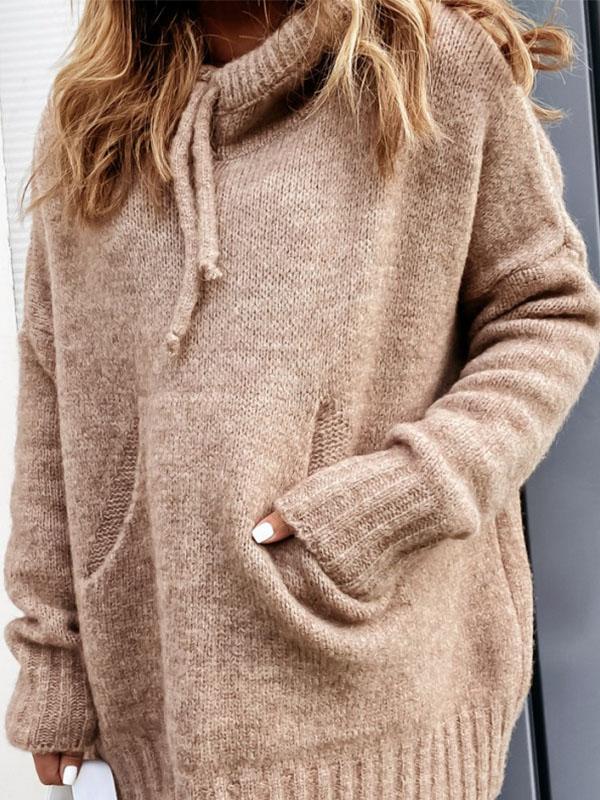 Women's Solid Color Knitted Hoodies beige