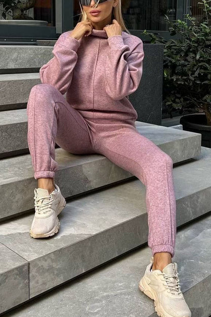 Women's Casual High Collar Solid Color Long Sleeve Two Piece Suit pink