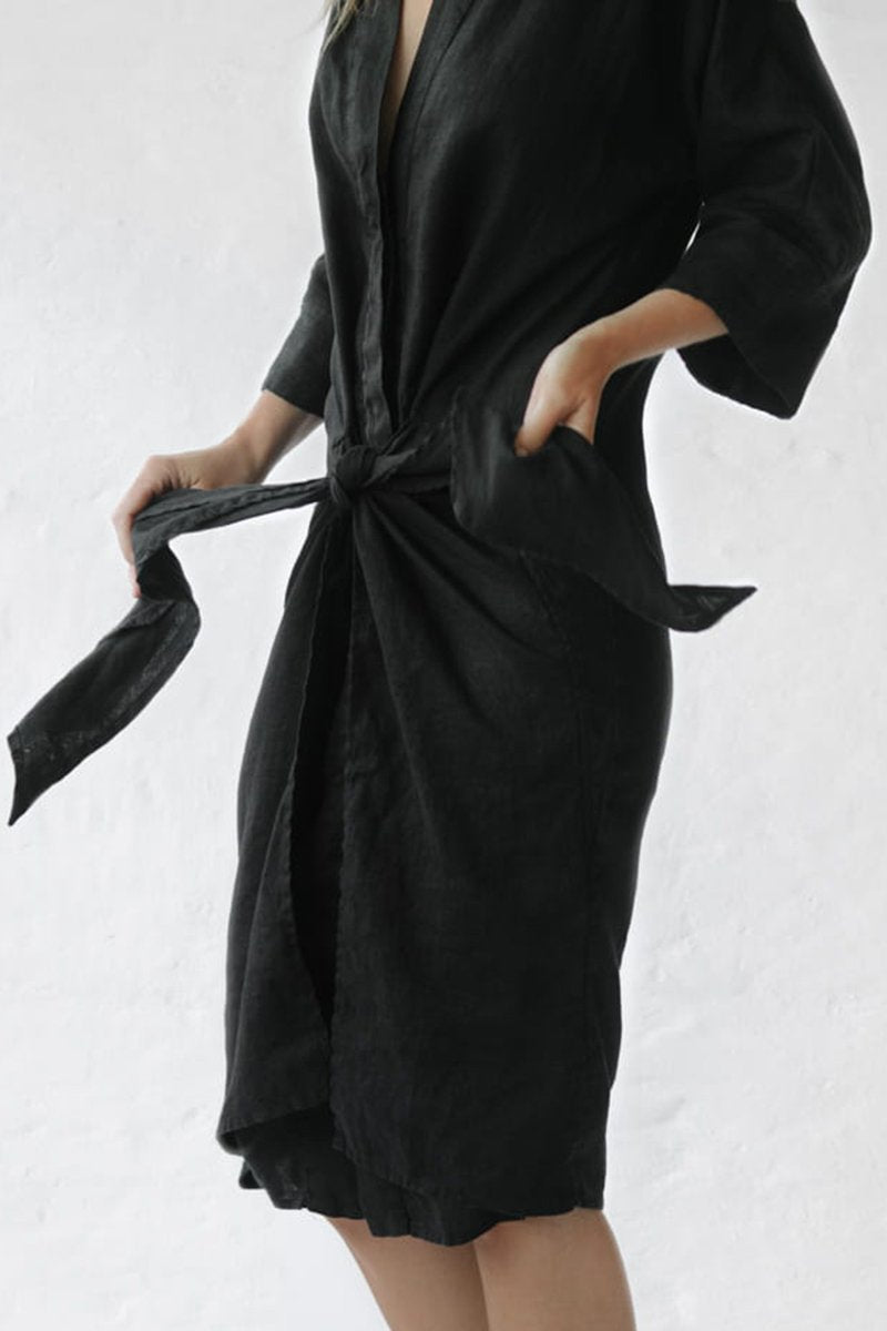 Women's Casual Solid Color Cotton and Linen Dress Black