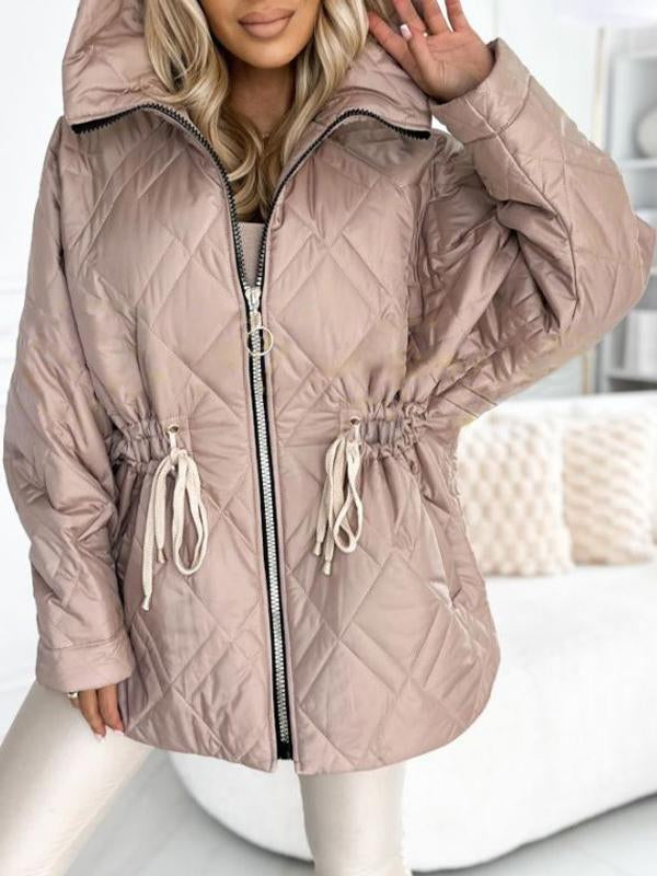 Women's Hooded Drawstring Design Casual Cotton Coat light brown