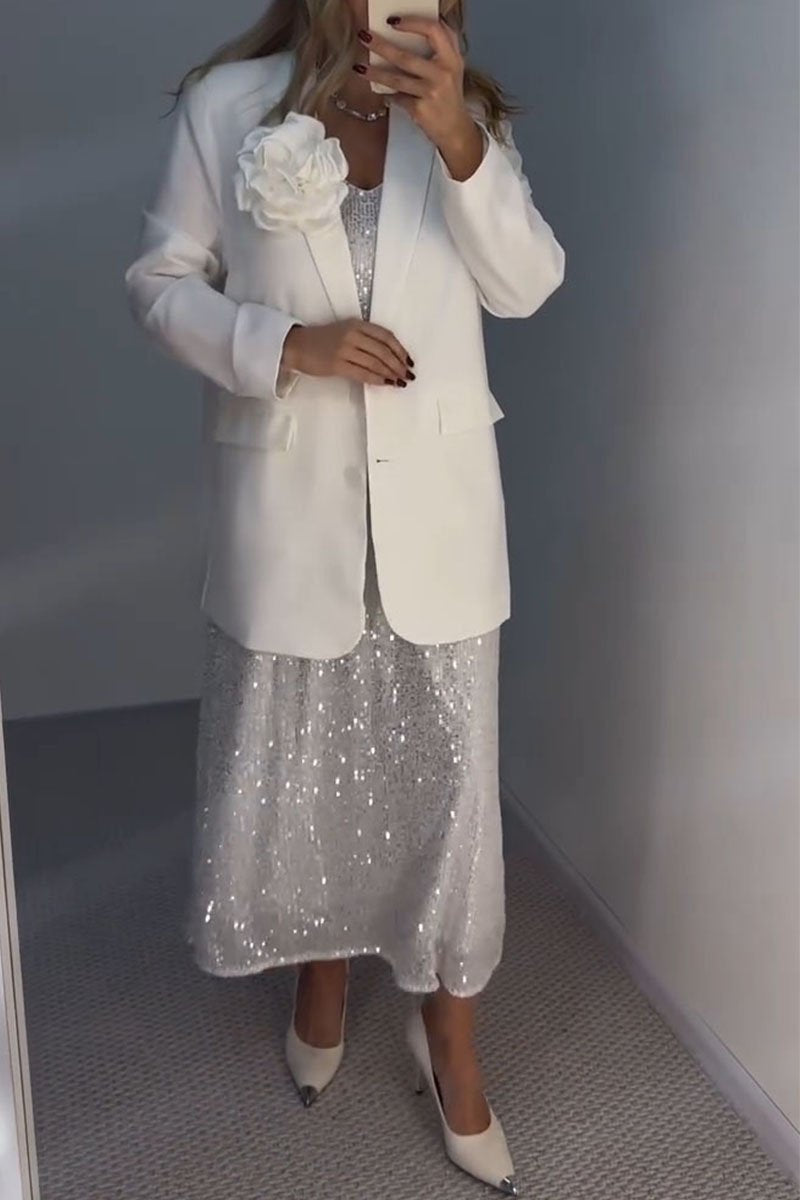 Women's Solid Color Coat and Sequined Dress Set white