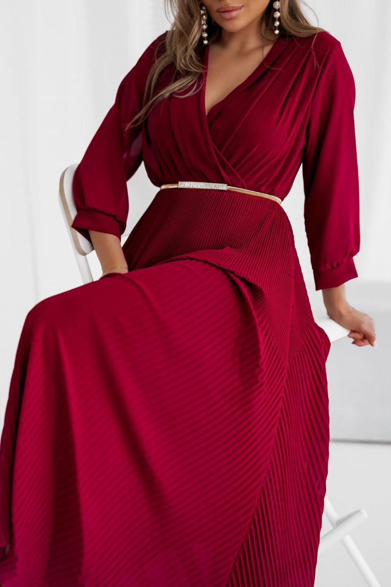 Women's Elegant V-neck Long Sleeve Chiffon Dress dark red