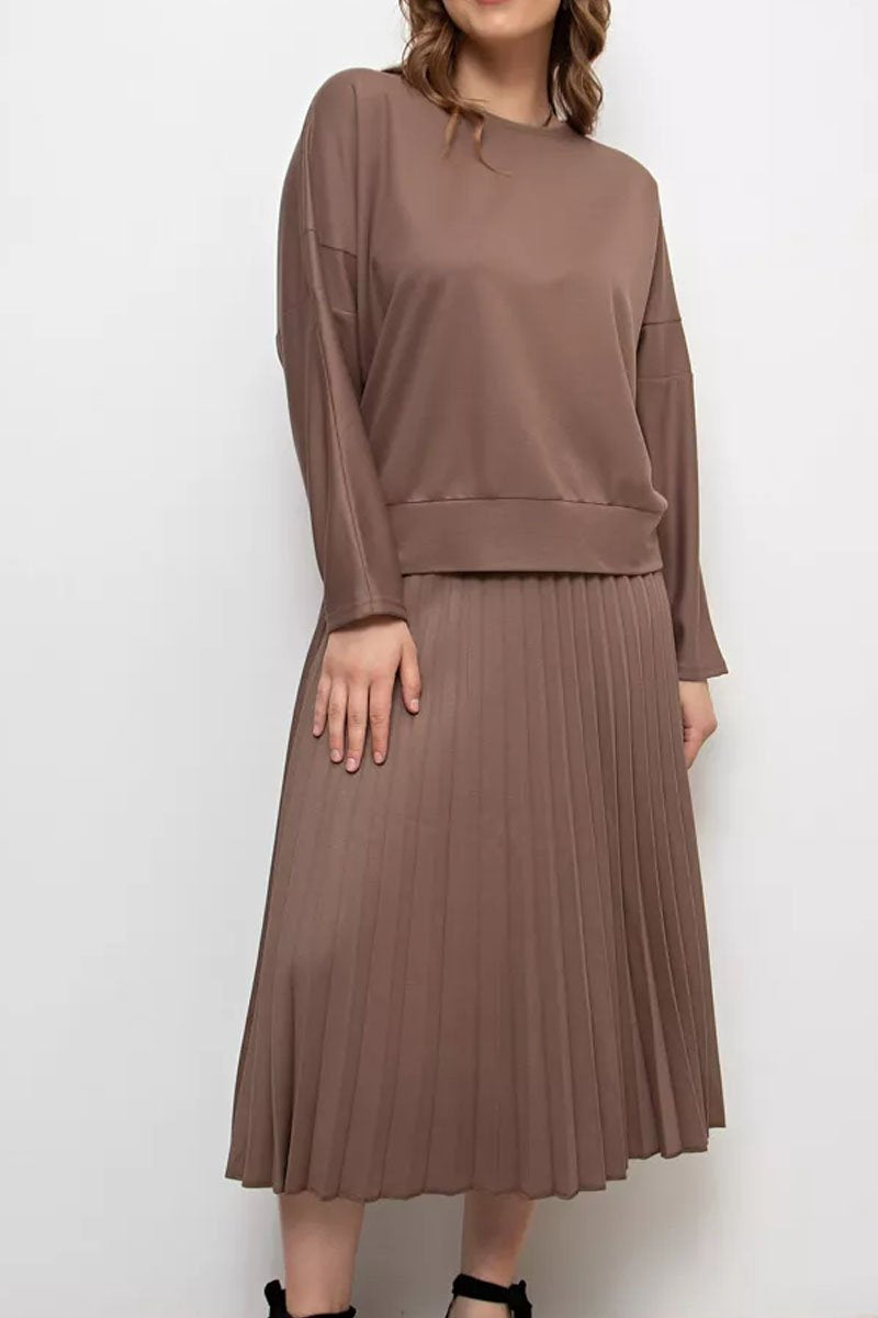 Women's Casual Solid Color Top Pleated Skirt Two Piece Set brown