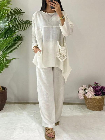 Women's Round Neck Long Sleeve Casual Cut Pocket Design Suit white