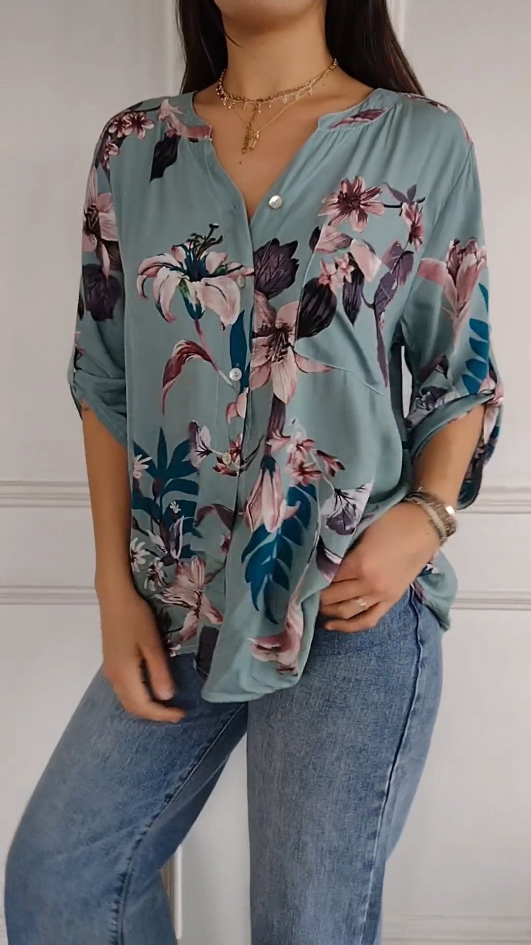 Women's V-neck Mid-sleeve Printed Casual Top blue