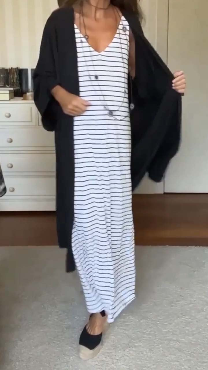 Women's Casual Striped Print Dress and Solid Black Cardigan white