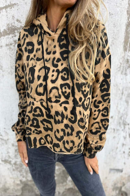 Women 's Leopard Print Hooded Long Sleeved Hoodie Top