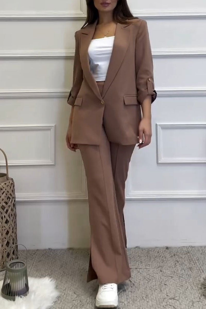 Women's Simple Long Sleeve Two Piece Suit brown