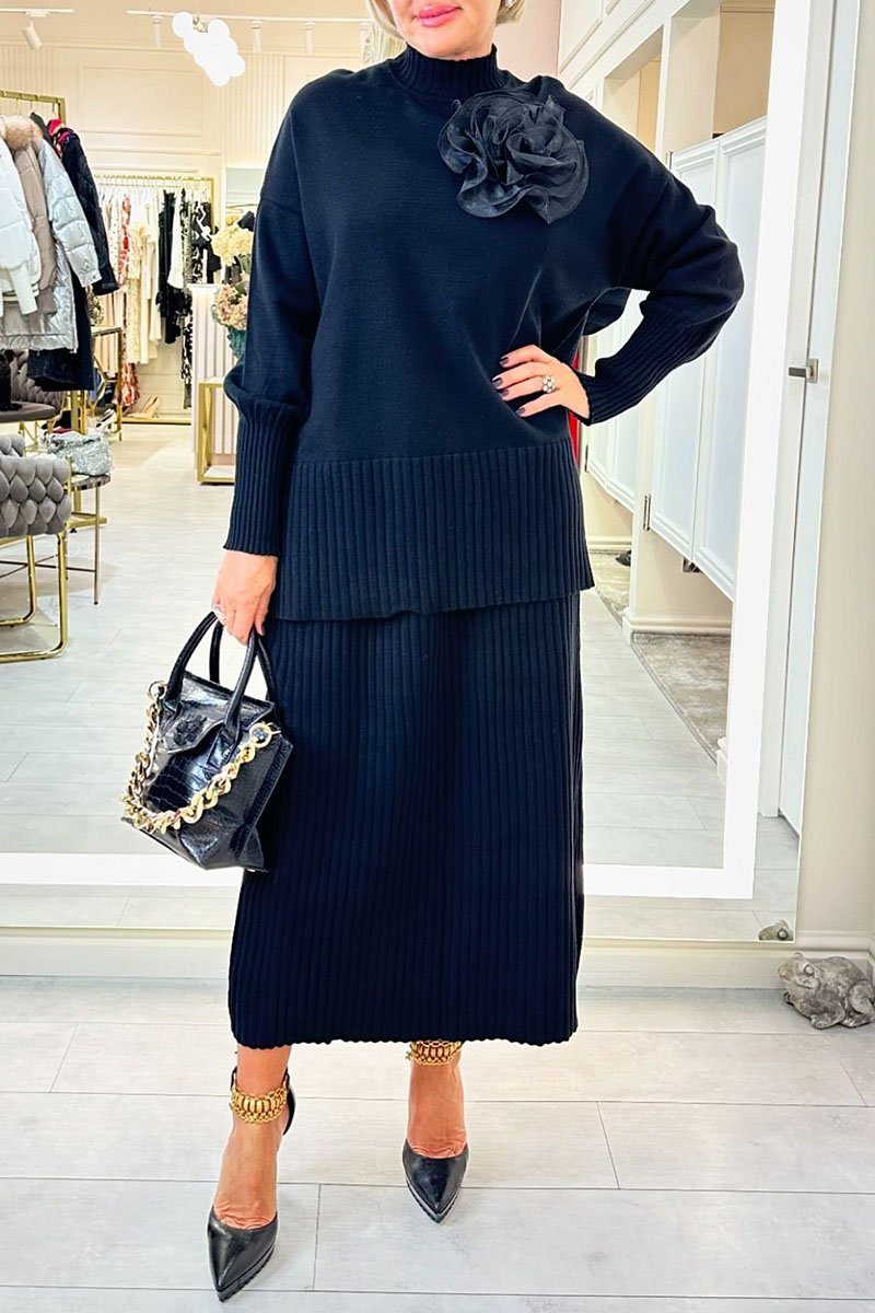 Women's Turtleneck Long Sleeve Sweater Skirt Two Piece Set dark-blue