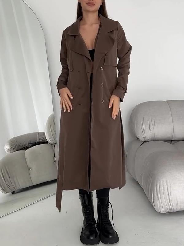 Women's Lapel Long Waist Trench Coat Brown