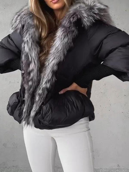 Women's Fur Collar Long Sleeve Patchwork Coat black