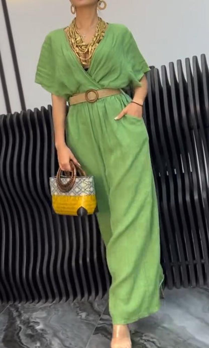 Women's Comfortable Cotton And Linen V-Neck Jumpsuit Green