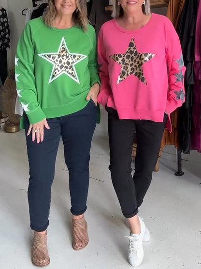 Women's Round Neck Five-pointed Star Print Pullover Top