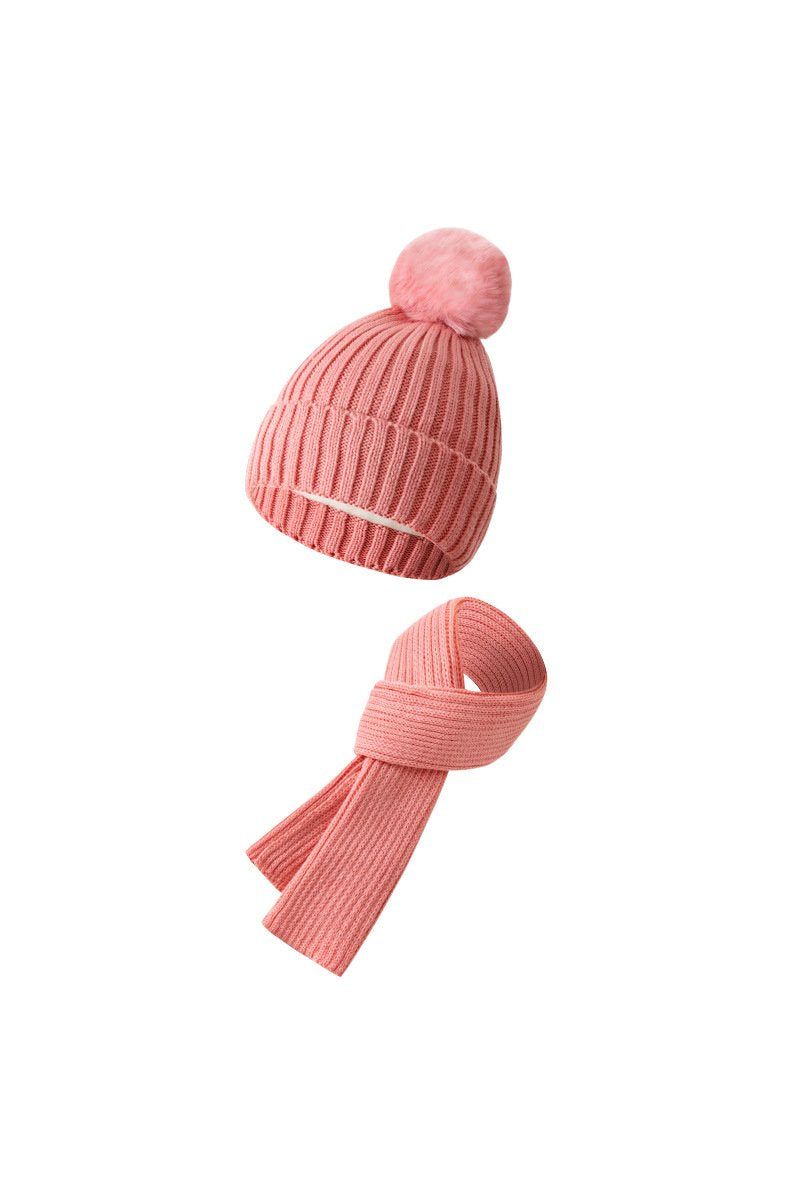 Knitted Hat, Double-layer Fleece Warm Wool Scarf, Gloves, Three-piece Set pink-two-piece set One size