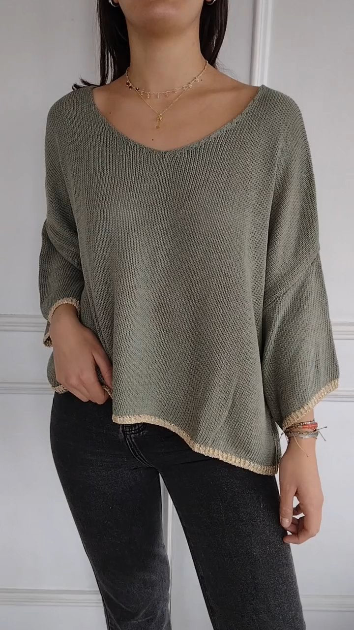 Women's V-neck Knitted Mid-length Sleeve Casual Top green