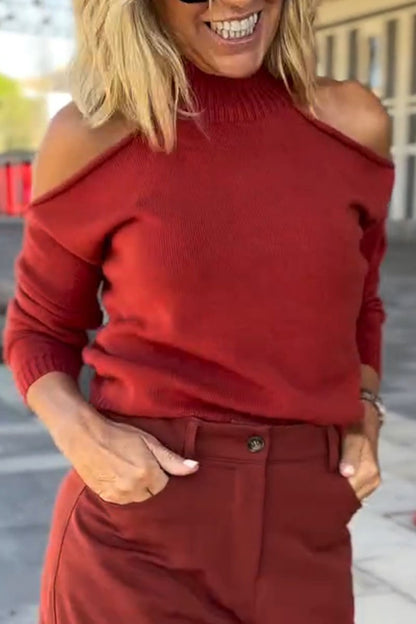 Women's Casual Solid Color Off-shoulder Pullover Sweater red