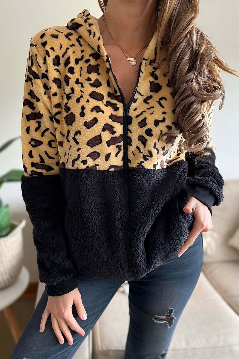 Women's Leopard Patchwork Plush Zip Jacket