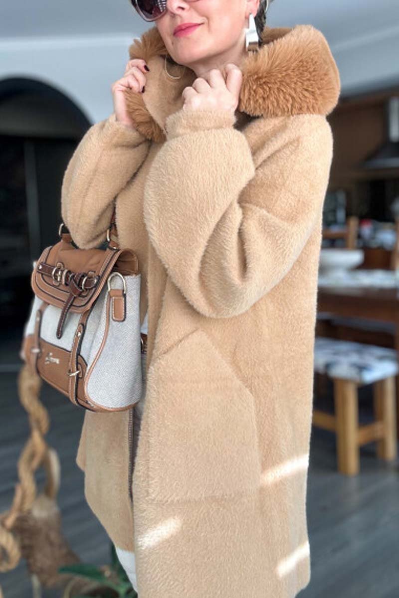 Women's casual loose fur collar knitted mid-length coat