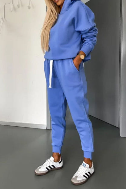 Women's Solid Color Hooded Fall Casual Suit blue