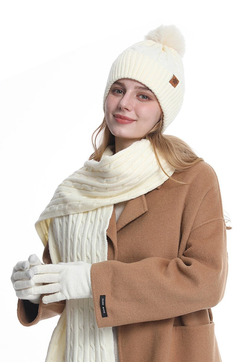 Knitted Hat, Double-layer Fleece Warm Wool Scarf, Gloves, Three-piece Set cream white One size