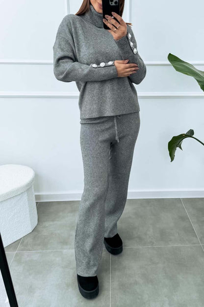 Women's casual solid color turtleneck sweater suit Gray