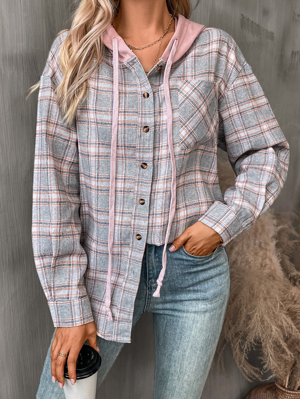 Women's Loose Plaid Casual Hooded Shirt