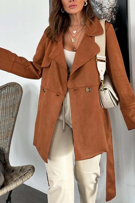 Women's Casual Waist Belted Lapel Loose Coat Brown