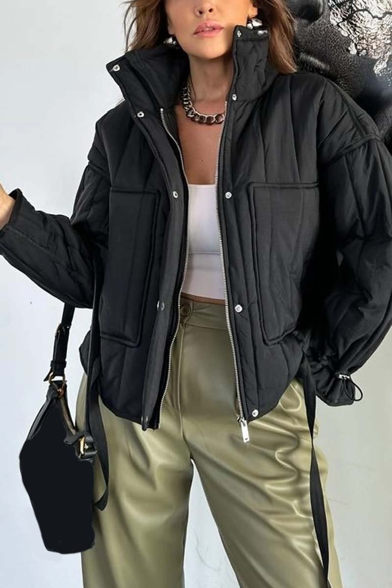 Women's casual solid color stand collar short cotton jacket Black