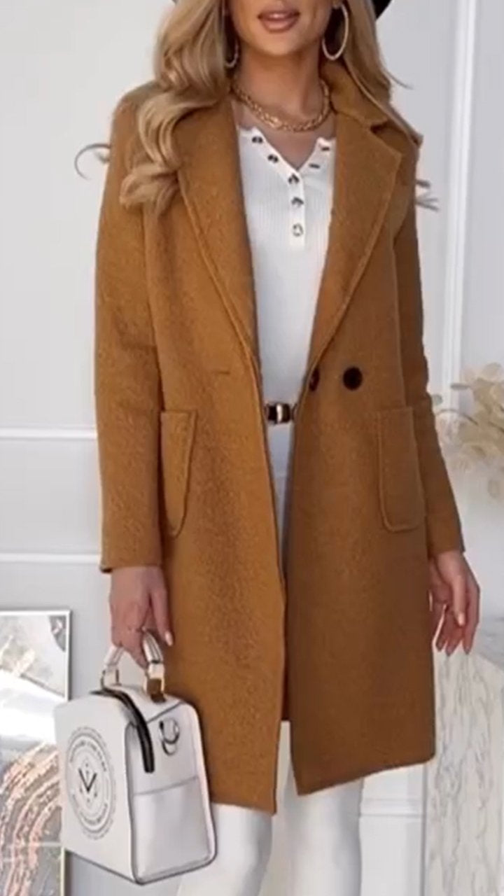 Women's Solid Color Lapel Long Coat khaki