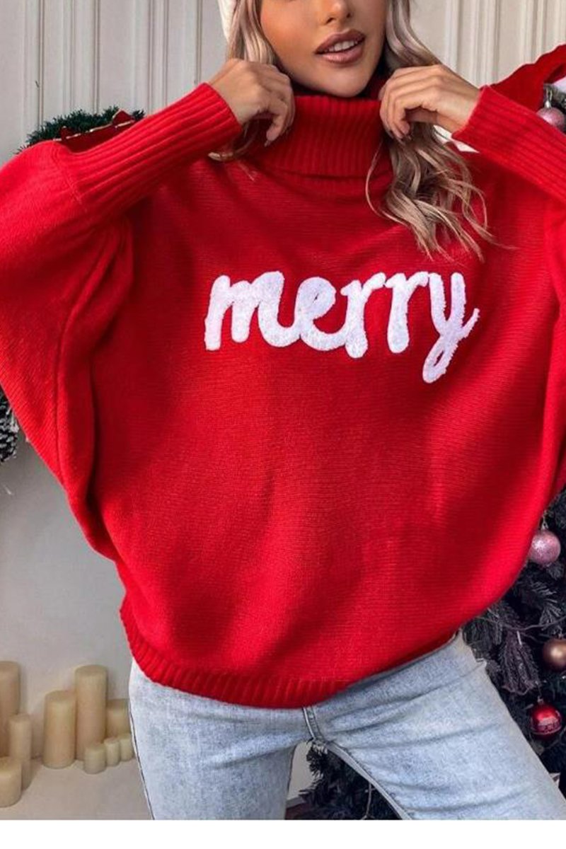 Women's Christmas High-neck Loose Sweater red