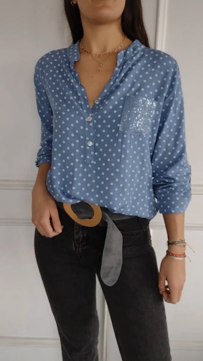 Women's V-neck Polka Dot Sequined Casual Shirt blue