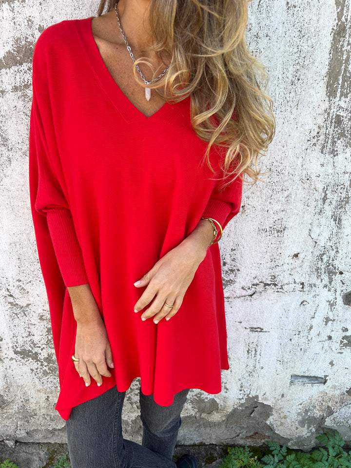 Women's V-neck Long-sleeved Knitted Casual Top red